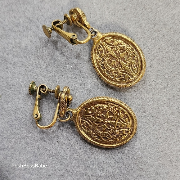 Vintage Guilloché Enamel Rose Earrings | Screw Back Gold Tone 1" - Picture 5 of 7
